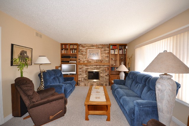 Bright comfortable family room with built-in bookshelves & gas fireplace
