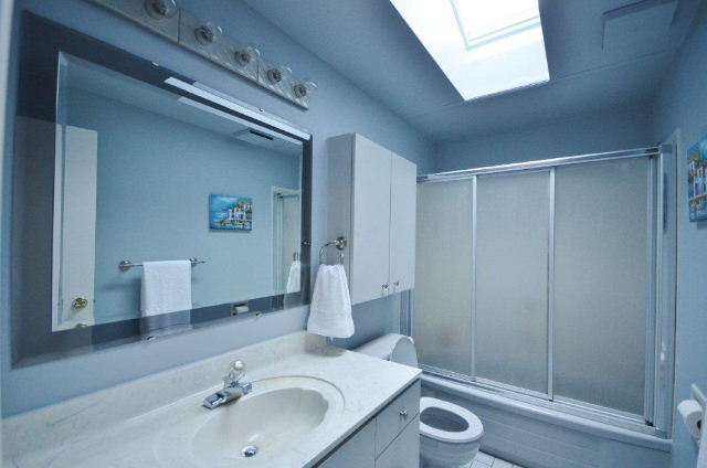 Upper level updated full bath with newer skylight