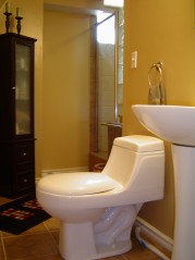 Updated 3 piece bath in lower has a wonderful oversized glass block shower and ceramic flooring 